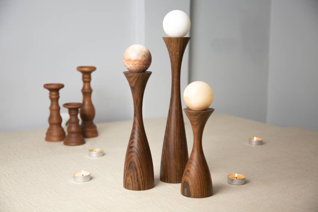 شمعدان سه سایز  چوب گردو افرالوکس